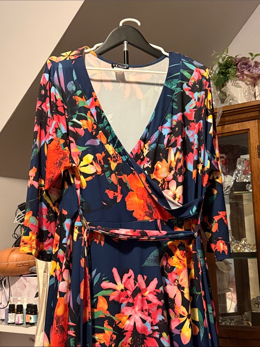 VENUS Navy Floral Wrap Maxi Dress with Coral, Pink & Yellow Blooms - Picture 4 of 5